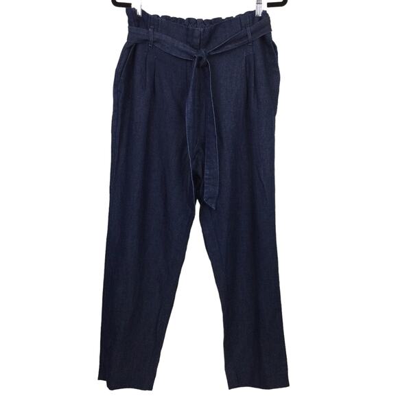 Loft Women's Paper Bag Dark Wash Blue Cotton Linen Belted Straight Leg Pant L - Picture 1 of 15